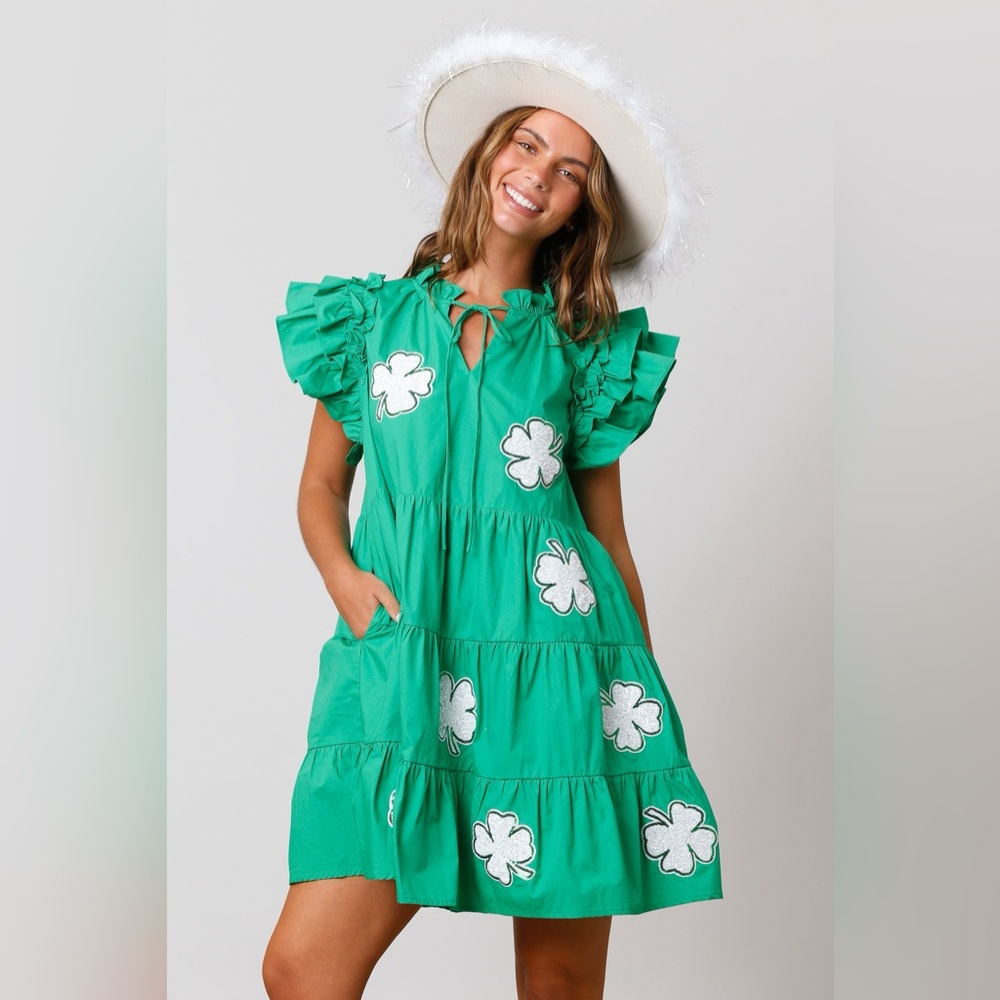 St Patricks Day Outfit Green Shamrock Mini Dress Flutter Sleeve Tiered Babydoll